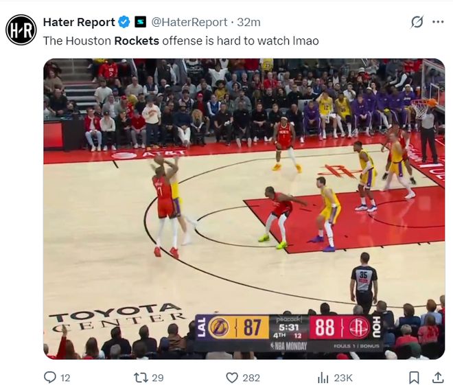 火箭末节崩盘遭湖人逆转 胜场差扩大1.5场