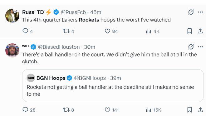 火箭末节崩盘遭湖人逆转 胜场差扩大1.5场